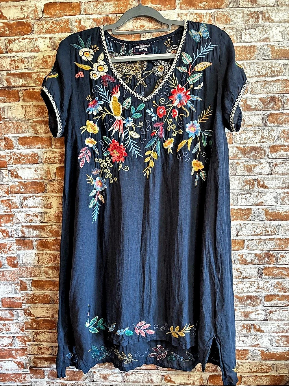 JOHNNY WAS JWLA Indraa Navy Blue Embroidered Tunic Dress